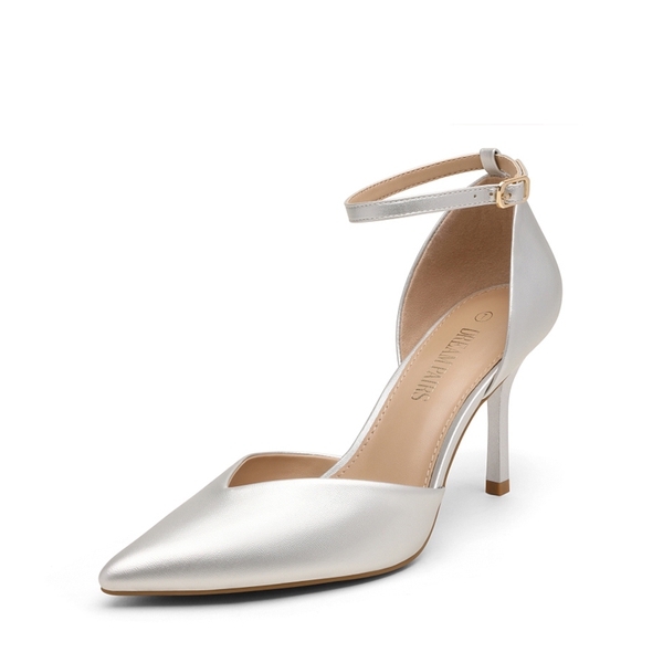 Ankle Strap Pointy Stiletto Heel Pumps - SILVER PU -  0